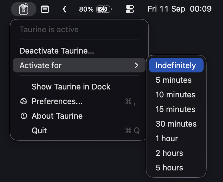 The Taurine menu, showing duration options