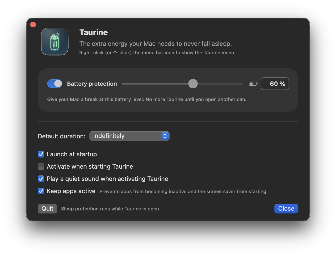 Taurine preferences window with battery protection